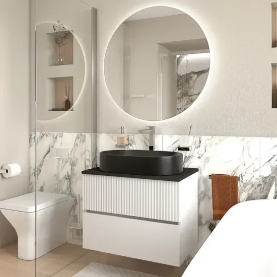 Jasmine 700 Whitewall Vanity Unit With Sink 4 Product Image for Jasmine 700mm White Floating Two Drawer Unit with Black Marble Basin