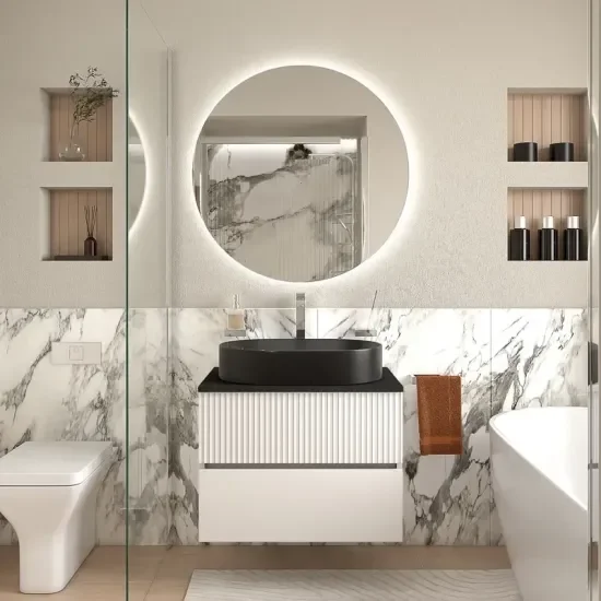 Jasmine 700 Whitewall Vanity Unit With Sink 5 Product Image for Jasmine 700mm White Floating Two Drawer Unit with Black Marble Basin
