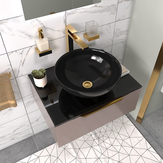 pemberton gold 600mm wall hung black sink unit black glass top