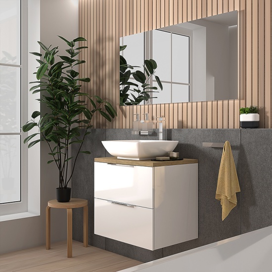 sonix white 600 wall hung bathroom unit with oak worktop