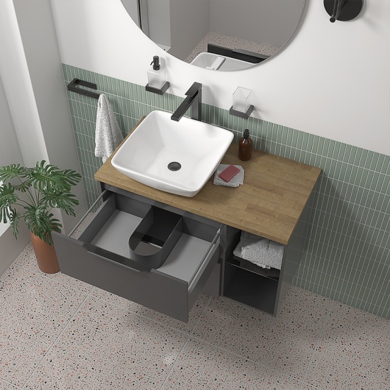 sonix grey 900 wall hung unit with oak countertop