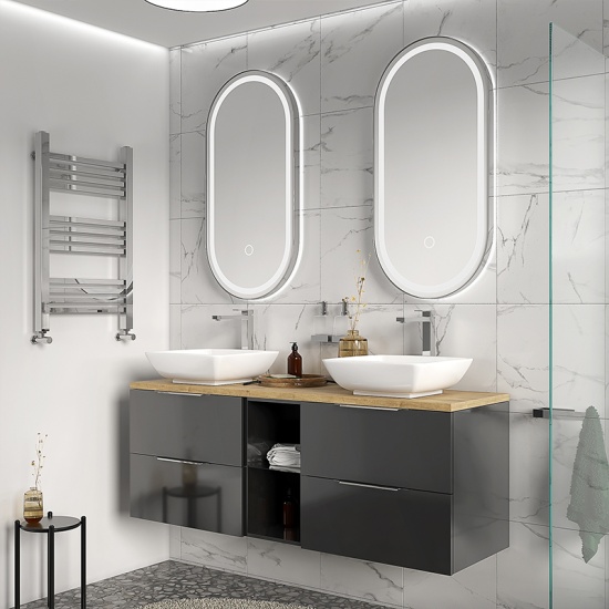 sonix grey 1500 wall hung vanity storage unit with oak countertop