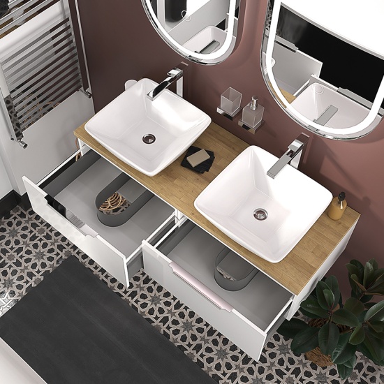 jivana white 1200 vanity double sink unit with oak countertop