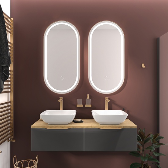 jivana grey 1200 double basin vanity unit with oak worktop