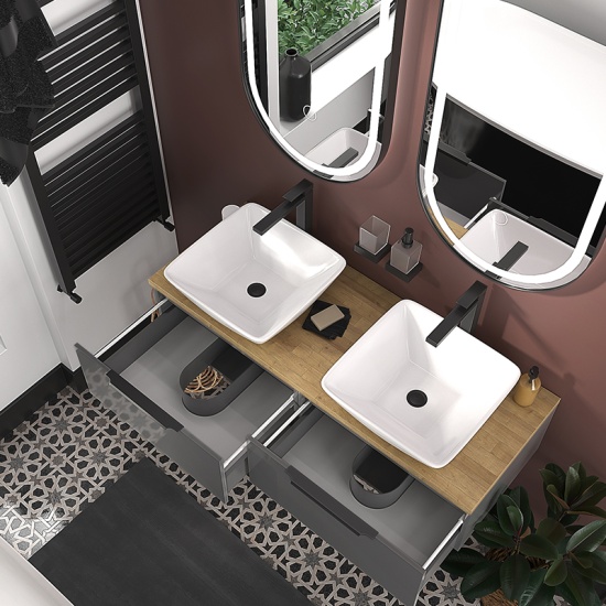 Jivana 1200 Wall Double Countertop Vanity Unit Grey with Oak Countertop Jivana 1200 Wall Double Countertop Vanity Unit Grey with Oak Countertop