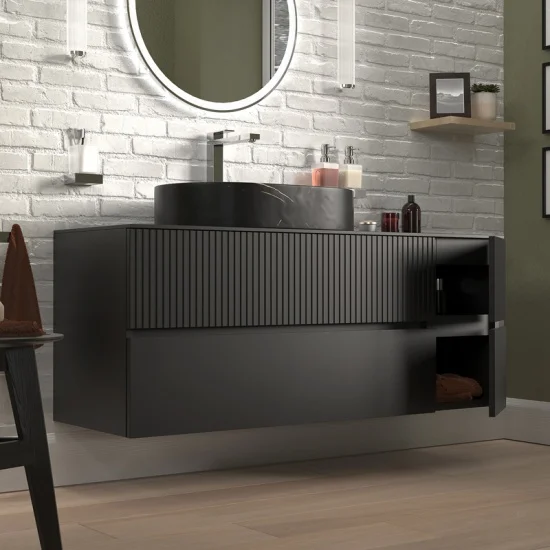 Jasmine 1300 Fluted Black Wall Vanity With Black Sink 1 Side Unit 4 Product Image for 1300mm Black Wall Hung Vanity with Black Marble Basin & Side Unit