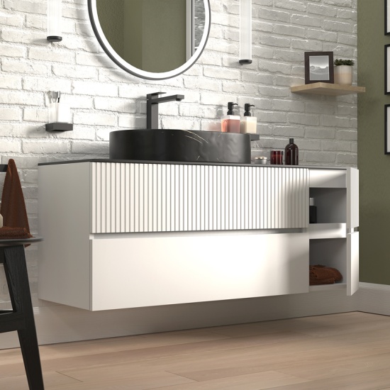jasmine 1300 fluted white wall vanity with black basin 1 side unit