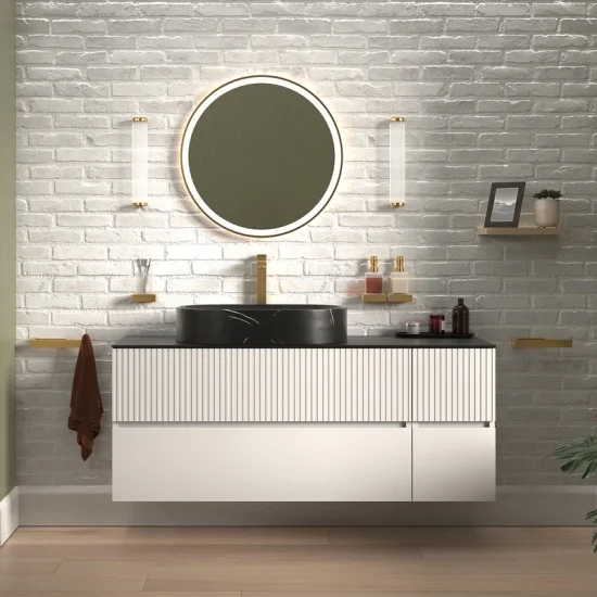 Jasmine 1300 Fluted White Wall Vanity With Black Basin 1 Side Unit 2 Product Image for 1300mm White Wall Hung Vanity Unit with Worktop, Black Sink & Side Unit