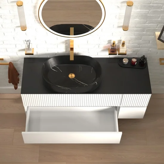 Jasmine 1300 Fluted White Wall Vanity With Black Basin 1 Side Unit 3 Product Image for 1300mm White Wall Hung Vanity Unit with Worktop, Black Sink & Side Unit