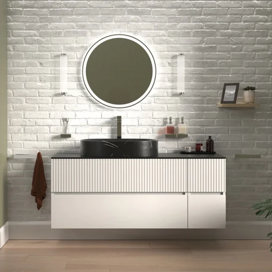 Jasmine 1300 Fluted White Wall Vanity With Black Basin 1 Side Unit 4 Product Image for 1300mm White Wall Hung Vanity Unit with Worktop, Black Sink & Side Unit