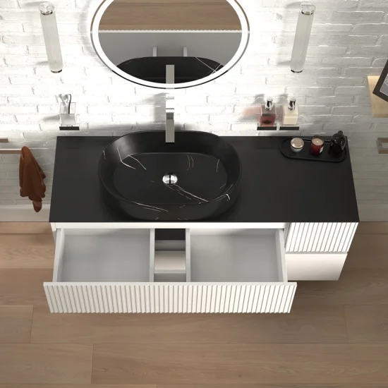 Jasmine 1300 Fluted White Wall Vanity With Black Basin 1 Side Unit 5 Product Image for 1300mm White Wall Hung Vanity Unit with Worktop, Black Sink & Side Unit
