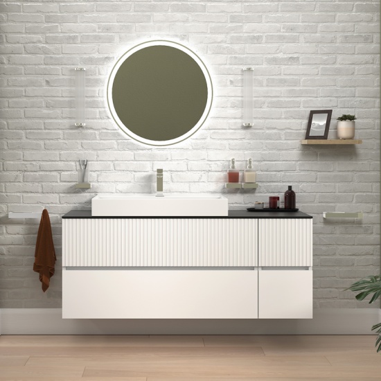 jasmine 1300 fluted white wall vanity with white sink 1 side unit