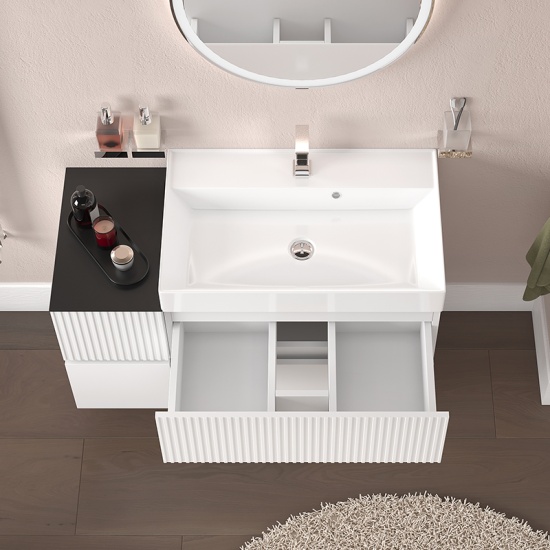 jasmine 1000 fluted white wall vanity with white basin 1 side unit
