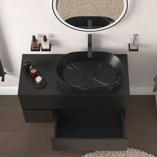Jasmine 1000 Fluted Black Wall Vanity With Black Sink 1 Side Unit 2 Product Image for 1000mm Black Wall Hung Vanity Unit with Black Sink & Side Unit