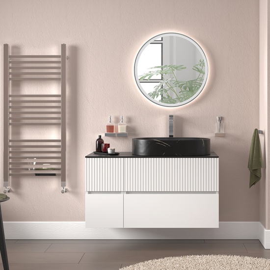 jasmine 1000 fluted white wall vanity with black basin 1 side unit