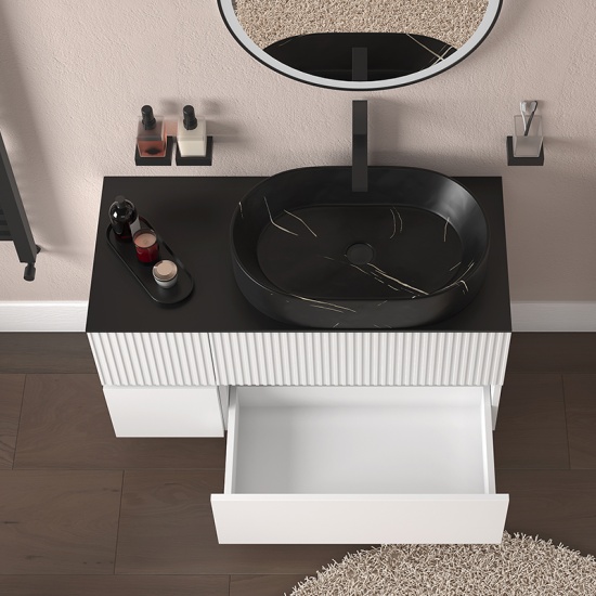 jasmine 1000 fluted white wall vanity with black basin 1 side unit