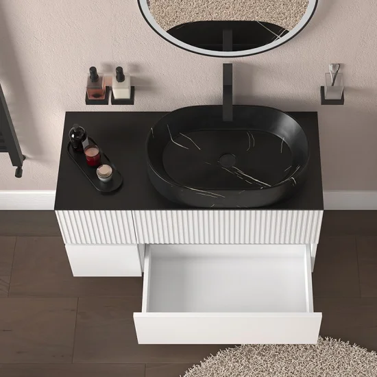 jasmine 1000 fluted white wall vanity with black basin 1 side unit