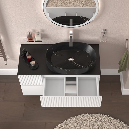Jasmine 1000 Fluted White Wall Vanity With Black Basin 1 Side Unit 2 Product Image for 1000mm White Wall Hung Vanity Unit with Black Marble Basin & Side Unit