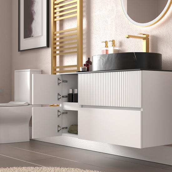 Jasmine 1000 Fluted White Wall Vanity With Black Basin 1 Side Unit 3 Product Image for 1000mm White Wall Hung Vanity Unit with Black Marble Basin & Side Unit
