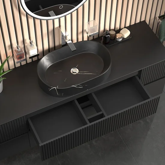 Jasmine 1600 Fluted Black Wall Vanity With Black Sink Two Side Units 2 Product Image for 1600mm Black Wall Hung Vanity Unit with Countertop, Black Marble Sink & Two Side Units