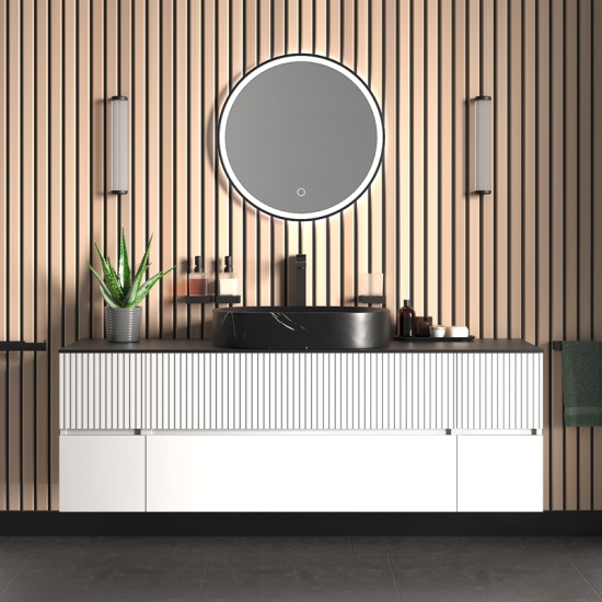jasmine 1600 fluted white wall vanity with black basin two side units