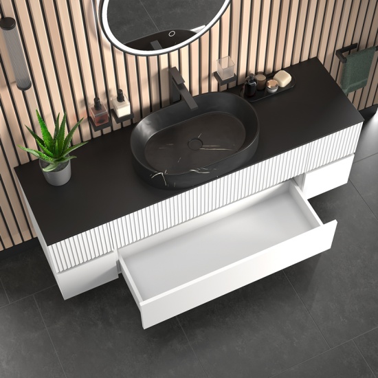 jasmine 1600 fluted white wall vanity with black basin two side units