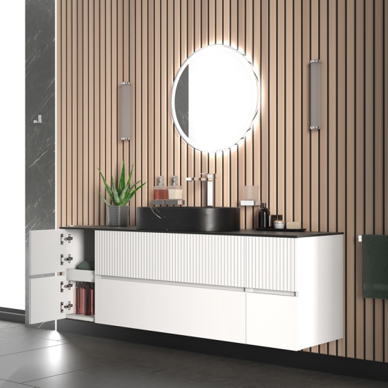 Jasmine 1600 Fluted White Wall Vanity With Black Basin Two Side Units 2 Product Image for 1600mm White Wall Hung Vanity Unit with Black Basin & Two Side Units