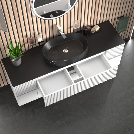 Jasmine 1600 Fluted White Wall Vanity With Black Basin Two Side Units 3 Product Image for 1600mm White Wall Hung Vanity Unit with Black Basin & Two Side Units