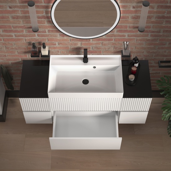 jasmine 1300 fluted white wall vanity with white sink two side units