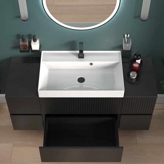jasmine 1300 fluted black wall vanity with white basin two side units