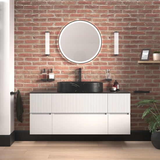 jasmine 1300 white fluted wall vanity with black sink two side units