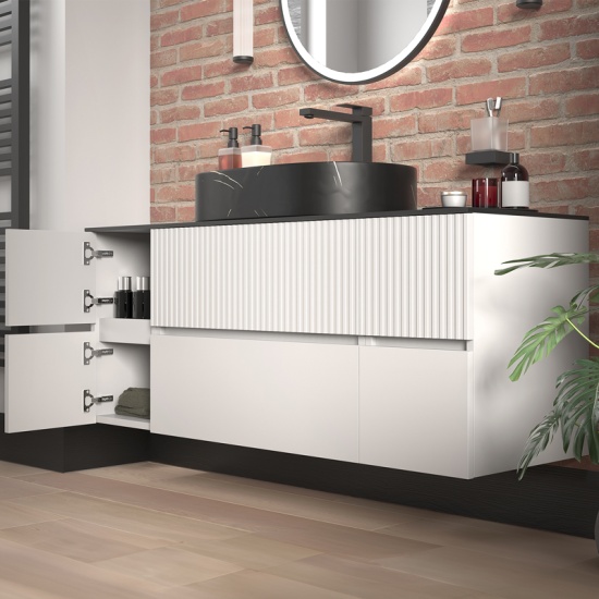 jasmine 1300 white fluted wall vanity with black sink two side units
