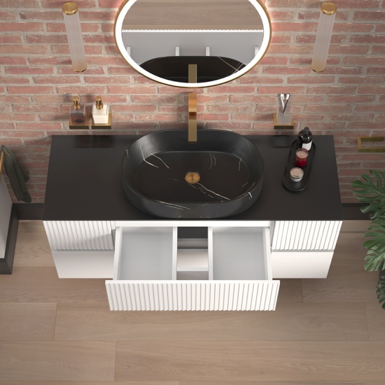 Jasmine 1300 White Fluted Wall Vanity With Black Sink Two Side Units 2 Product Image for 1300mm White Wall Hung Vanity Unit with Black Sink & Double Side Units