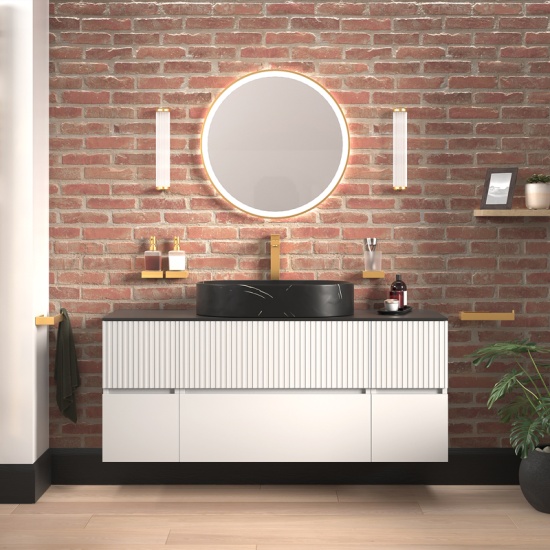 Jasmine 1300 White Fluted Wall Vanity With Black Sink Two Side Units 3 Product Image for 1300mm White Wall Hung Vanity Unit with Black Sink & Double Side Units