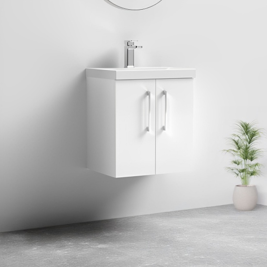 nuie arno gloss white 500 wall vanity sink unit with doors