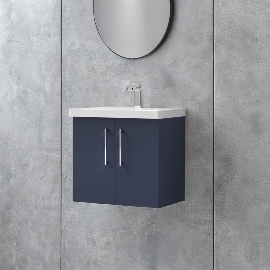 nuie arno indigo blue 600 wall vanity basin unit with doors