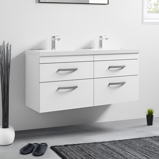 nuie athena gloss white 1200 wall hung double sink unit with four drawers