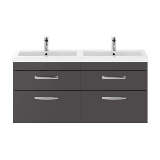 nuie athena gloss grey 1200 wall hung vanity unit with double basin and four drawers