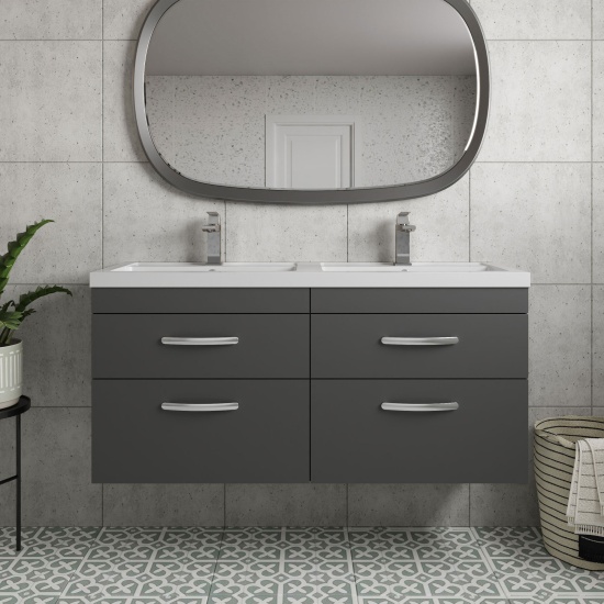 nuie athena gloss grey 1200 wall hung vanity unit with double basin and four drawers