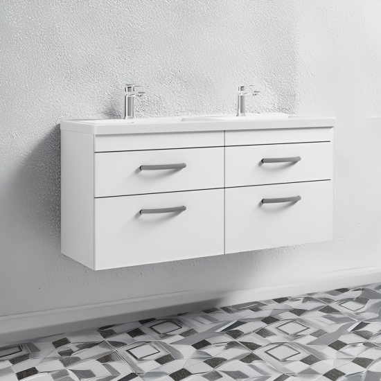 nuie athena gloss white 1200 wall hung vanity drawer unit with double basin