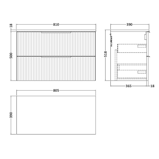 Line Drawing for 800mm Vanity Drawer Unit in Green Line Drawing for 800mm Vanity Drawer Unit in Green