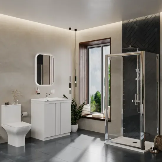 chester shower suite with 800 white floorstanding vanity and toilet