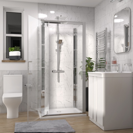 chester shower suite with 800 white floorstanding vanity and toilet
