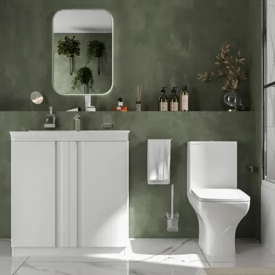 chester bath suite: 800 white floorstanding vanity unit with close coupled toilet
