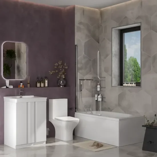 chester bath suite: 600 white floorstanding vanity unit with close coupled toilet