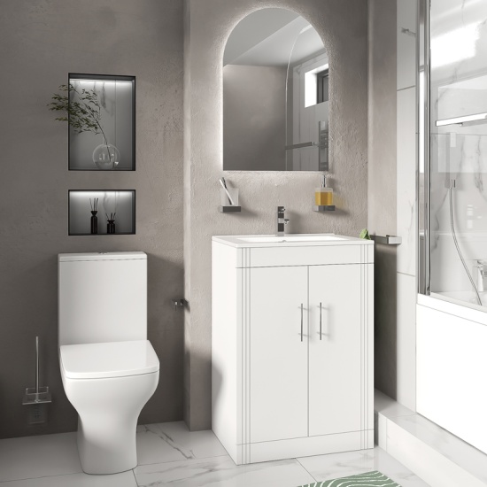 celeste bath suite: 600 white vanity unit and close coupled toilet