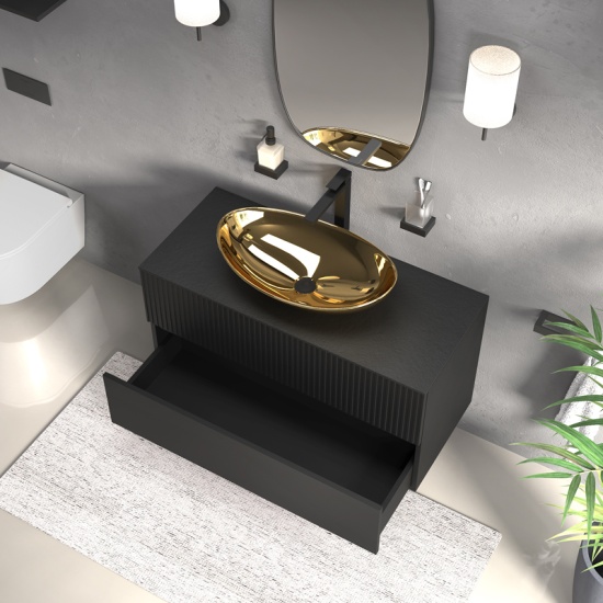 jasmine 1000 black wall vanity unit with gold sink