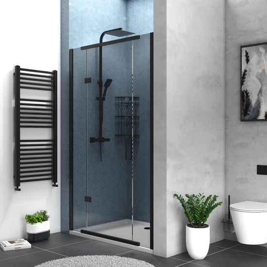 havana black 1200 inline hinged recess shower door smoked glass