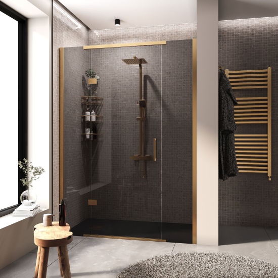 havana gold 1400 inline hinged recess shower door smoked glass