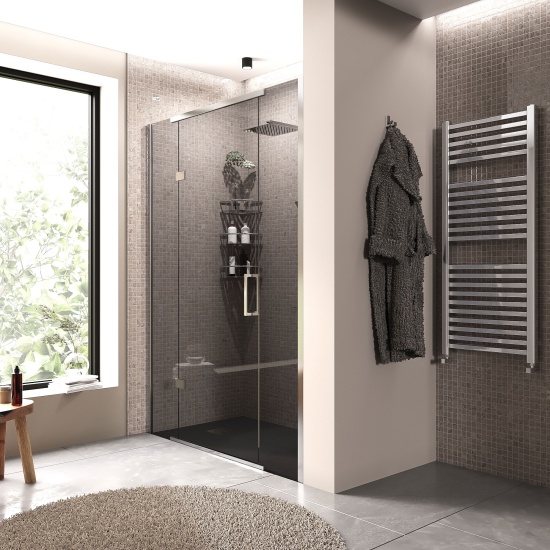 havana chrome 1400 inline hinged recess shower door smoked glass